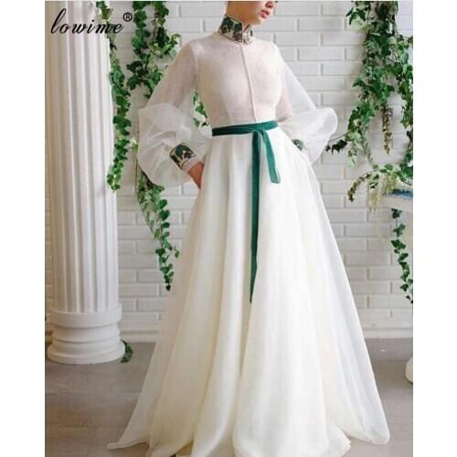 Robes Elegant White Evening Dresses Formal High Neck Women Party Dresses Evening Wear With Long Puffy Sleeves Prom Dress Vestido