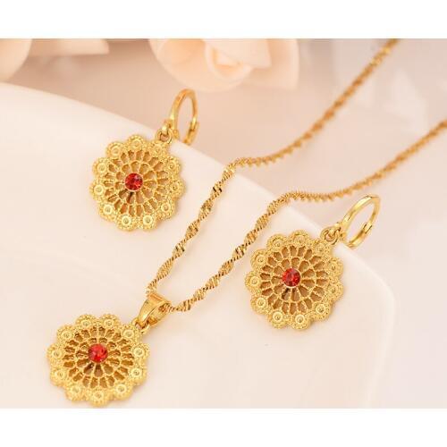 Gold crystal family flower set Jewelry Pendant Chain Earrings African Dubai Bride Wedding women girls Bijoux wedding mother gift