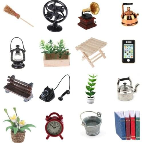 1pc Dollhouse Furniture Toys Doll House Decoration Accessories Green Potted Plant Alarm Clock Cell Phone Phone Book Bucket