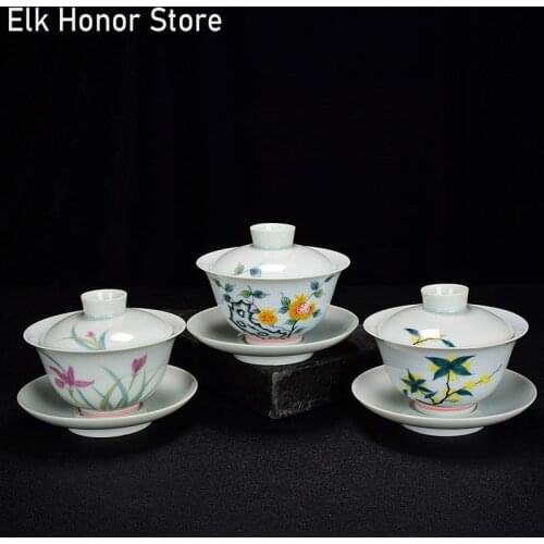 160ML Archaize Green Glaze Ceramic Kung Fu Gaiwan Traditional Chinese Pigmented Tea Bowl Floral Patterns Tea Tureen