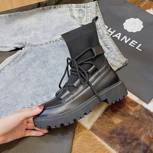 2021 British Martin Boots Womens Spring Lace Fashion All-Match Socks Boots Thick-Soled Increased Solid Color Mid-Tube Boots