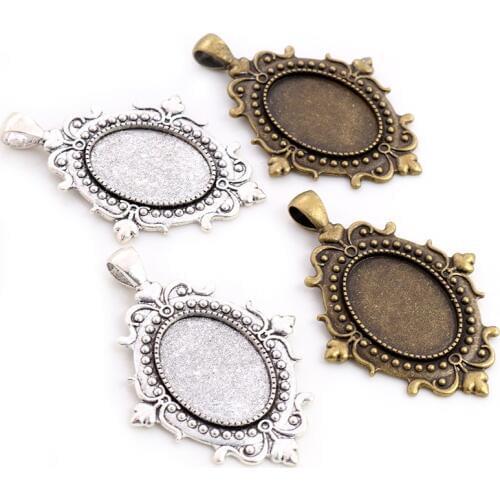 5pcs 18x25mm Inner Size Antique Silver Plated Bronze Flowers Style Cameo Cabochon Base Setting Pendant necklace findings