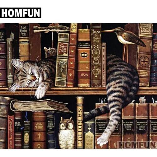 HOMFUN 5D Diamond "cat & bookshelf" Diamond Embroidery Full Round/ Square Diy Diamond Painting Cross Stitch Home Decor A01079