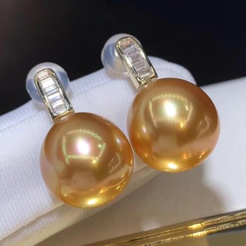 D506 Pearl Earrings Fine Jewelry Solid 18K Gold Almost Round 10-11mm Nature Ocean Sea Water Golden Pearls Drop Earrings