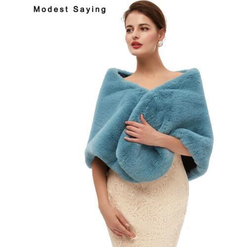 Elegant Blue Winter Faux Fur Wedding Shrugs 2020 Fashion Bridal Shawls Women Party Boleros Stoles Warm Wraps Wedding Accessories