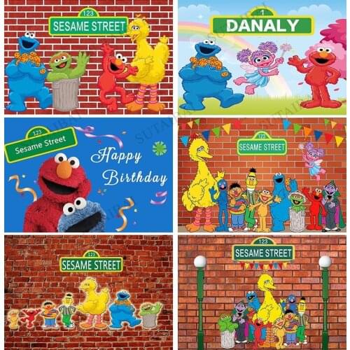 Happy Birthday Photography Backdrops Sesame Street Elmo World Party Bricks Wall Photo Background for Pictures Customize