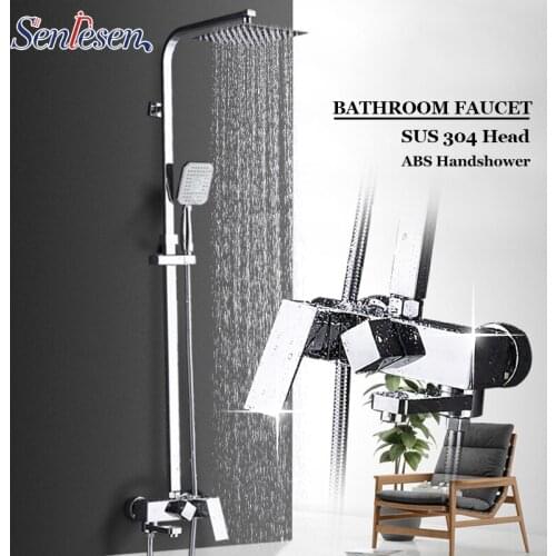 Senlesen Chrome Bathroom Shower Set Faucet with 10" Ultrathin Showerhead and Handshower Swivel Bathtub Tap Adjust Height
