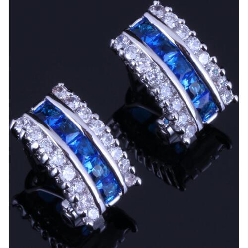 Perfect Square Blue Cubic Zirconia White CZ Silver Plated Clip Hoop Huggie Earrings V0383
