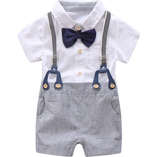 Newborn Baby Boy Summer Formal Clothes Set Bow Wedding Birthday Boys Overall Suit White Romper Shirt Toddler Gentleman Outfit