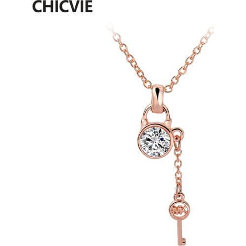 CHICVIE Luxury Brand Stainless Steel Necklace Pendants For Women Jewelry Key Necklace Gold Chain Statement Necklaces SNE150805