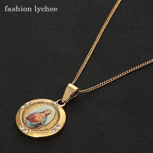 Fashion lychee Vintage Gold Color Enamel Virgin Mary Necklace Round Pendant Attractive Crystal Copper Women Long Necklace
