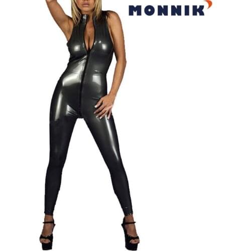 MONNIK latex Sexy Sleeveless Latex Women Catsuits Unique Club Wear Rubber Bodysuit Front Zip