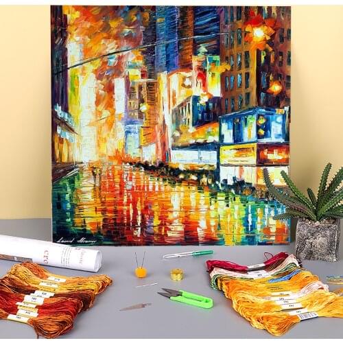 Times Square At Night Printed Canvas 11CT Cross Stitch Embroidery Complete Kit DMC Threads Craft Painting Needlework Stamped
