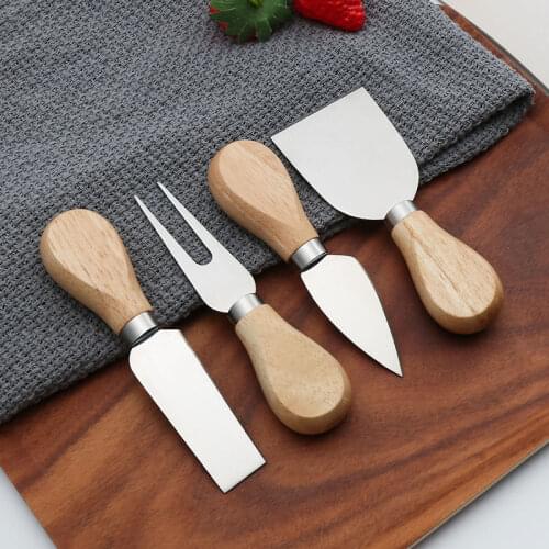Unique Cheese Knife Tool Set Wood Bamboo Handle Stainless Steel Cheese Knife Set for Cheese Pizza Kitchen Tools