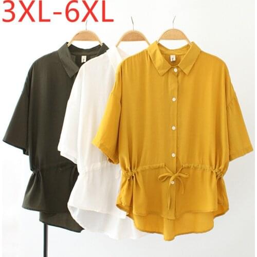 New 2021 Ladies Summer Plus Size Tops For Women Large Short Sleeve Loose Casual Button Drawstring Yellow Shirt 3XL 4XL 5XL 6XL