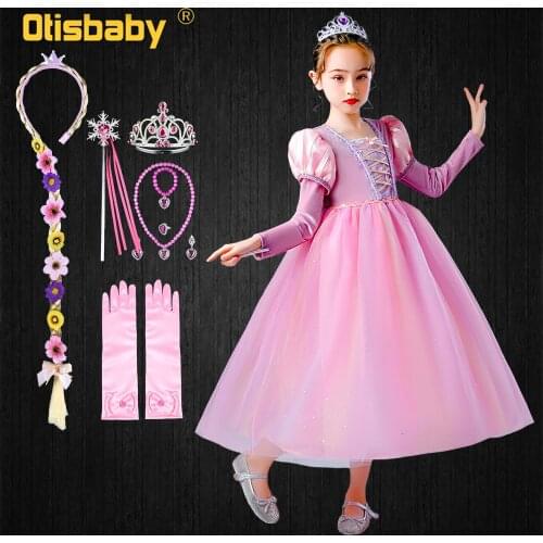 2021 New Princess Girls Rapunzel Dress Spring Autumn Long Sleeve Pink Dresses Kids Fancy Tangled Costume Children Birthday Dress