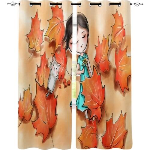 Autumn Maple Girl Cat Fruit Window Curtains LivingRoom Kitchen Curtains Left and Right Biparting Open