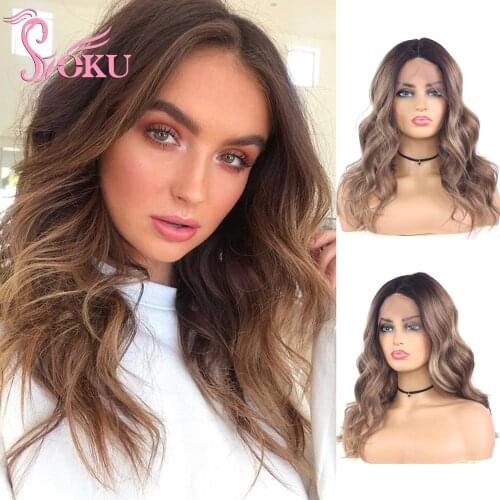 Ombre Blonde Wigs Lace Front Wig 14 Inch Long Wavy Hair Heat Resistant Fiber for Women Daily Party Soku Synthetic Side Part Wigs