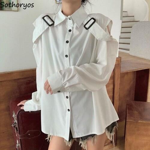 Shirts Women Design Button Epaulet BF Harajuku Baggy Sexy Hole Vintage Korean Style Teens Cool Leisure Chic Streetwear Solid New