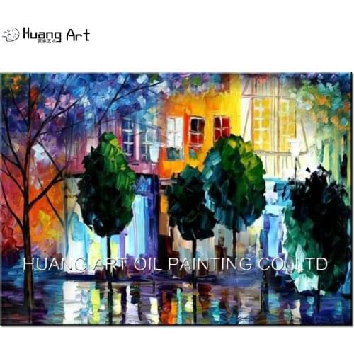Hand Painted Modern Villa Knife Landscape Oil Painting on Canvas Street Tree Scenery Painting for Living Room Wall Decor Art
