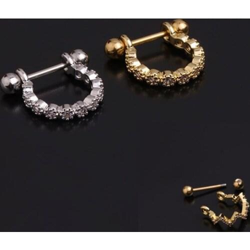 1 PCS Trendy Micro Pave Zircon Ear Cartilage Stud Cuff Earring Cute Simple Small Gold Color Circle U Shape Bar Ball Ear Jewelry