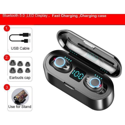 New Hot F9 Bluetooth Headset Handsfree TWS Wireless Earbuds With Charging Case Screen Touch 5.0 Earphones