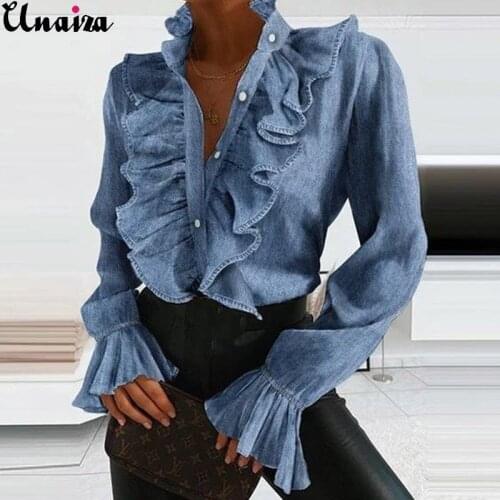 Unaiza Women Casual Shirt 2021 Fashion Ruffled Solid Color Elegant Shirt Long Sleeve Top Slim Long Sleeve Ruffle Sleeve Shirt