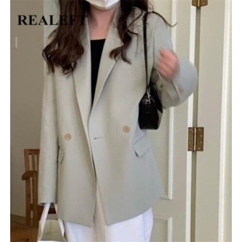 REALEFT 2021 New Vintage Single Button Womens Blazer Elegant OL Long Sleeve Solid Color Suit Coat Jacket Women Blazers Female
