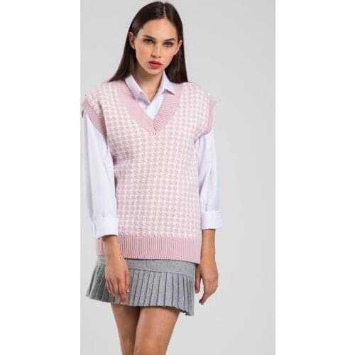 Womens Houndstooth Sweater V Neck Oversize Knitwear Sweater Women Dress Toppies