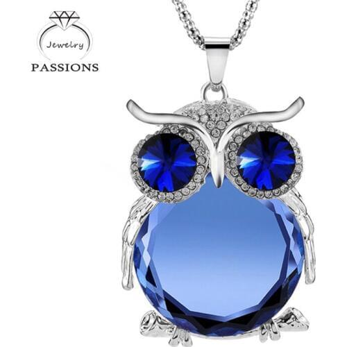 Hot Punk Vintage Owl Necklaces Hang Zinc Alloy Blue Crystal Pendant Necklace Long Sweater Chain Necklace Owl Jewelry For Women