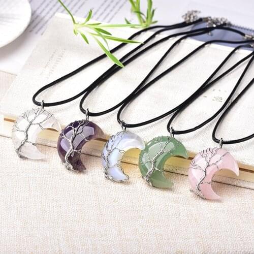 1Pc Natuurlijke Kristallen Hanger Boom Van Leven Maan Vorm Reiki Gepolijst Healing Steen Voor Mannen Vrouwen Sieraden gift
