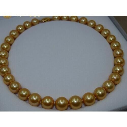 18''genuine AAA 11-12mm south sea golden pearl necklace 14K Gold Clasp