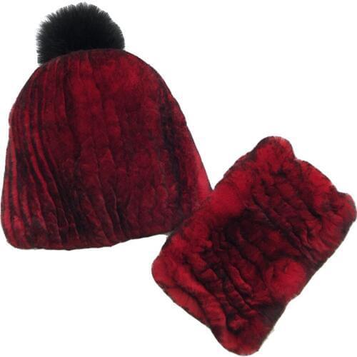 2020 Knitted Real Rabbit Fur Hats Scarves Set Winter Genuine Natural Fur Cap with balls pompom beanies scarf Warm Beanies Snow
