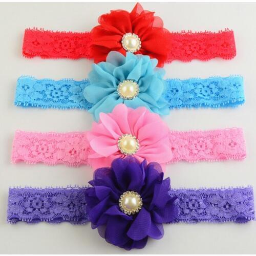 50 pcs/lot High Quality Chiffon Flower with Pearl rhinestone button Lace headband