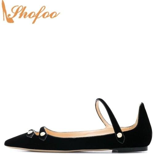 Black Ballet Flats Buckle Strap Flock Women Large Size 13 16 Ladies Summer Office Shoes Pointed Toe Casual Fashion Mature Shofoo