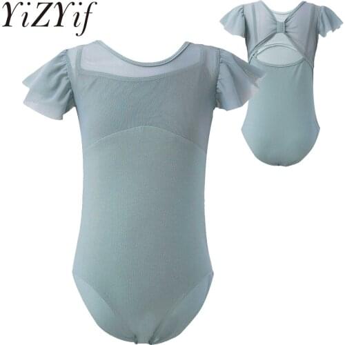 Kids Children Girls Ruffled Sleeves Ballet Dancer Gymnastics Leotard Tutu Flower Dress Bowknot Back Girls Ballet Class Dancewear