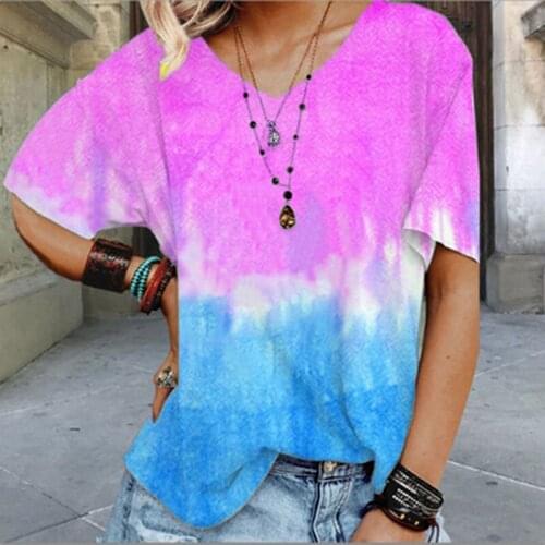Womens Summer New V-Neck Casual Gradient Printing Loose Multicolor Commuter T-shirt Womens Short Sleeve Multi Size Top