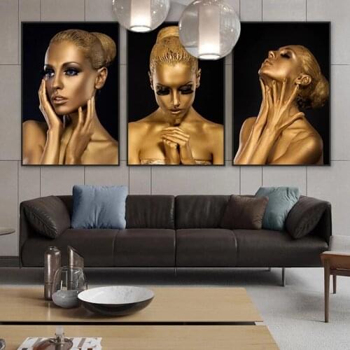 Black and Gold Woman Canvas Paintings Pictures Poster Print Wall Art Modern Luxury Decorative Picture for Living Room Home Decor