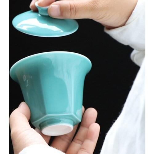 Ceramic Three-Cai Bowl Single Creative Large Tea Cup Handmade Six Square White Porcelain Covered Bowl Mug