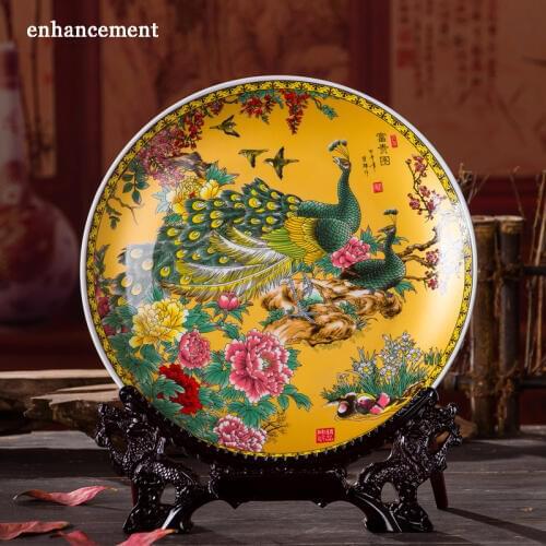 Royal Chinese Style Home Decor Ceramic Ornamental Plate Chinese Decoration Plate Wood Base Porcelain Plate Wedding Gift