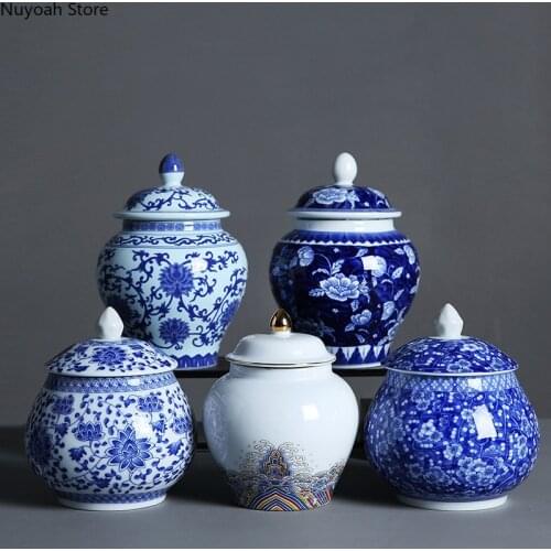 Tea Caddy Ceramic Blue and White Porcelain Jar with Lid Medium Sealed Storage Jar Living Room Tea Table Decoration Accessories