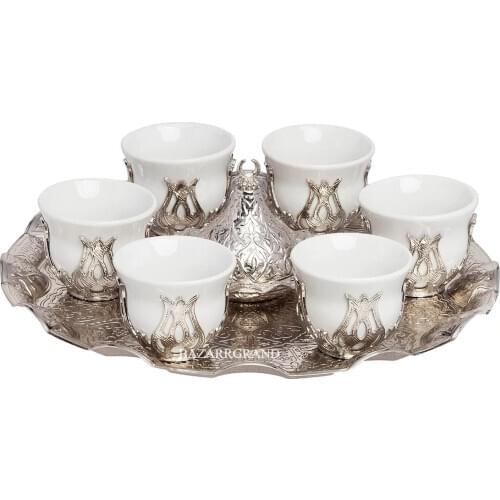LUXURY TURKISH PORCELAIN COFFEE SET MIRRA SET FOR SIX PERSON - WHITE (METAL TRAY) GOLD-SILVER ROUND TRAY YOUR PLEASANT COFFEE S