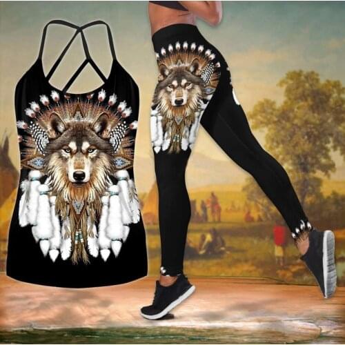 Yoga Set Womens Wolf Print Tank Top and Legging Yoga Suit Running Fitness Gym Workout Clothes for Women Sport Suits Plus Size