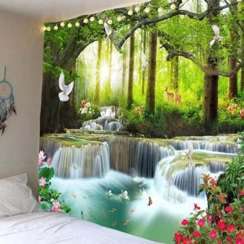 Beautiful Nature Waterfall Wall Tapestry Forest Path Landscape Boho Decor Home Decoration Large Mandala Fabric Bohemian Curtains