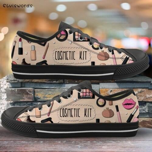 ELVISWORDS Cartoon Makeup Cosmetic Print Women Low Top Shoes Casual Lace Up Sneakers Ladies Vulcanized Shoe Zapatillas Mujer Hot