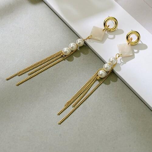 Square Crystal Shell Pearl Tassel Geometric Long Earrings Female 2021 New Temperament Popular High-end Geometric Jewelry Gift