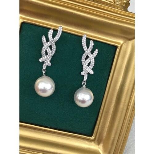 MJ114 Solid S925 Silver Round 10-11mm Nature Fresh Water White Pearls Drop Dangle Earrings for Women Fine Presents with Zircons