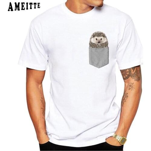 AMEITTE New Summer Men Short Sleeve Funny Hedgehog And Pocket Print T-Shirt Vintage Fashion Man Casual White Tops Boy Tees