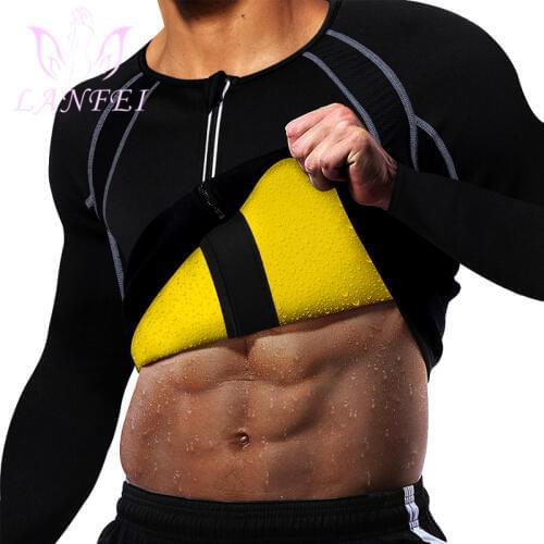 LANFEI Men Sports Slimming Shirt Weight Loss Neoprene Sauna Sweat Vest Suit Waist Trainer Body Shaper Tank Top with Long Sleeve