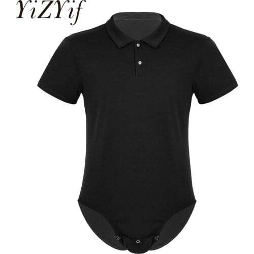 Mens Casual Tops Short Sleeve Turn-down Collar Bodysuit Leotard T-shirt Jockstraps Snap Button Crotch Teddies Jumpsuits Pajamas